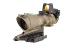 TRIJICON ACOG 4X32 GRN CH 223 RMR DE tan optic in front-left view with top reflex sight and black mount