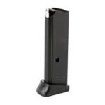 Walther PPK magazine, black front angled view with metal feed lips and extended base