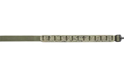 primary-11958 QUAKE CLAW SLIMLINE SLNG QD CAMO, olive camouflage sling laid flat with padded section and swivel