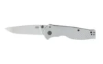 SOG Flash FL Silver open knife side view with satin blade and textured silver handle