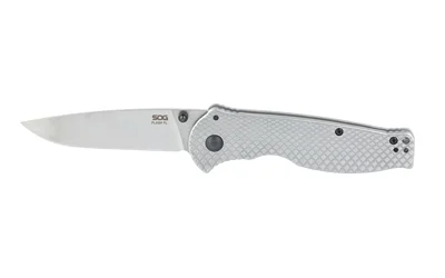 primary-12069 SOG Flash FL Silver open knife side view with satin blade and textured silver handle