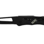 SOG Centi II Black open knife side view with black cutout blade, clip and finger ring