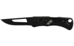 SOG Centi II Black open knife side view with black cutout blade, clip and finger ring