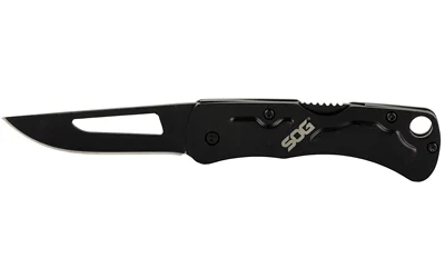 SOG Centi II Black open knife side view with black cutout blade, clip and finger ring