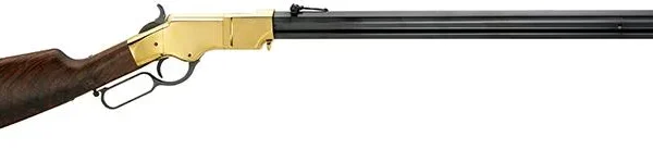 HENRY H11 ORGINAL rifle, left-side view with brass receiver, wood stock and black barrel