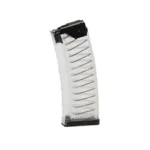 Lancer L5AWM Gen2 magazine, angled front view with clear body and black base