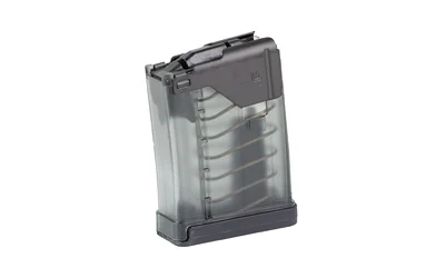 primary-12245 Lancer L5AWM Gen2 magazine, translucent smoke angled side view with black baseplate