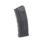 LANCER L5AWM GEN2 magazine, black front angled view with translucent ribbed body
