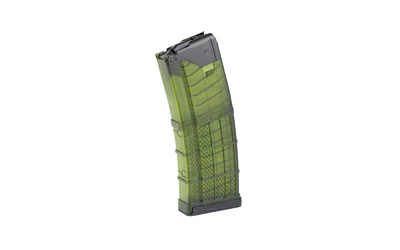 LANCER L5AWM GEN2 223REM translucent green curved magazine, angled side view
