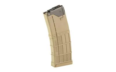 primary-12263 Lancer L5AWM Gen2 223REM 10RD FDE, tan translucent magazine in angled side view