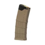 LANCER L5AWM GEN2 magazine, FDE angled side view with translucent ribbed body and black top