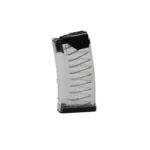 Lancer L5AWM Gen2 clear magazine, angled front view with black top and translucent body