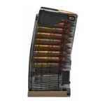 Lancer L5AWM 300BLK translucent smoke curved magazine, angled side view with visible cartridges
