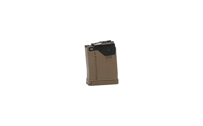 primary-12285 Lancer L5AWM GEN2 223REM FDE magazine, angled side view with black feed lips