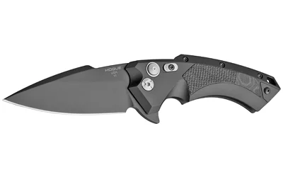 HOGUE X5 4 FOLDER CPM154 SP BB, open folding knife right-side view with black blade and curved handle
