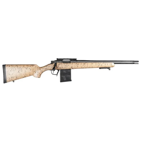 Christensen Arms Ridgeline Scout Rifle, tan left-side view with black magazine, rail and barrel