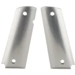 Hogue Grip 1911 Govt silver gloss grip panels, front view with smooth finish and screw holes