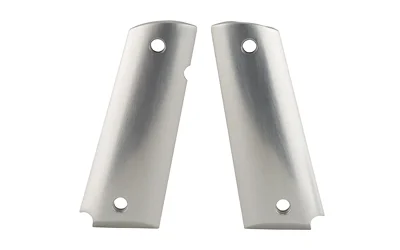 Hogue Grip 1911 Govt silver gloss grip panels, front view with smooth finish and screw holes