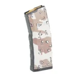 Amend2 AR15 MOD3 magazine, angled side view with tan, brown and white camouflage pattern