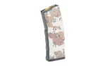 Amend2 AR15 MOD3 magazine, angled side view with tan, brown and white camouflage pattern