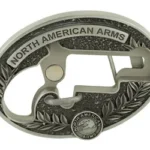 North American Arms NAA LNG RFL CUST oval silver-tone belt buckle with rifle design