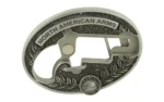 North American Arms NAA LNG RFL CUST oval silver-tone belt buckle with rifle design