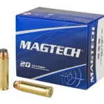 MAGTECH 500 S&W blue ammunition box with two brass cartridges, angled front view