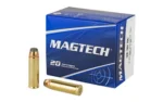 MAGTECH 500 S&W blue ammunition box with two brass cartridges, angled front view