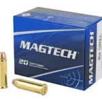MAGTECH 454 CASULL blue ammunition box with two brass cartridges, angled front view