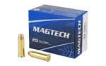 MAGTECH 454 CASULL blue ammunition box with two brass cartridges, angled front view
