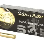 Sellier & Bellot S&B 460SW ammunition box with two brass cartridges, one upright