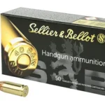 Sellier & Bellot S&B ammunition box with two brass cartridges displayed in front