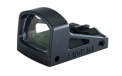 Shield Sights SHLDS RMSD black mini reflex sight, front-left view with green-tinted lens