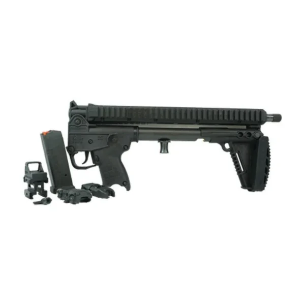 Kel-Tec Defender SUB2000 Gen 3 Rifle, black right-side view with optic and accessories beside it
