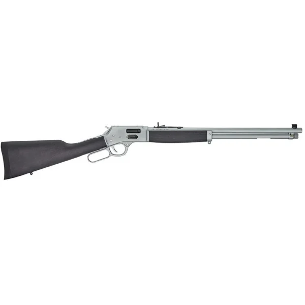 Henry Big Boy All-Weather rifle, side view with black stock, silver receiver and lever action