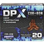 CORBON DPX 45C+P 225GR BR X 20/500, front view of blue and black DPX ammunition box