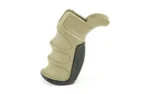 ATI Outdoors ADV TECH AR15 X1 pistol grip, FDE angled side view with black backstrap