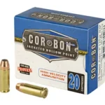 CORBON 38SUPER+P blue and white ammunition box with two brass cartridges