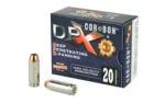 CORBON DPX black ammunition box with two silver cartridges, front three-quarter view