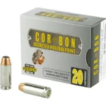 CORBON 10MM 150GR JHP 20/500 gray ammunition box with two cartridges, front view