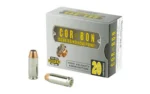 CORBON 10MM 150GR JHP 20/500 gray ammunition box with two cartridges, front view