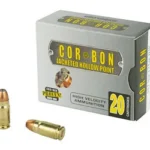 CORBON 357SIG 125GR JHP 20/500 gray ammunition box with two brass cartridges, front view