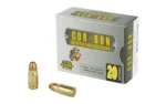 CORBON 357SIG 125GR JHP 20/500 gray ammunition box with two brass cartridges, front view