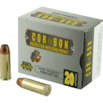 CORBON 45 COLT 200GR JHP gray ammunition box with two brass cartridges
