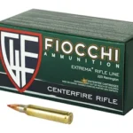 Fiocchi 223REM 50GR VMAX ammunition, green box angled with two brass cartridges visible