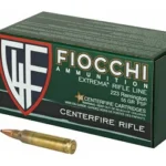 Fiocchi 223REM 55GR PSP green ammunition box with two brass cartridges displayed