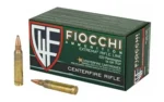Fiocchi 223REM 55GR PSP green ammunition box with two brass cartridges displayed