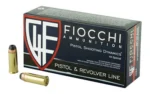 FIOCCHI 44SPL 200GR SJHP 50/500 black ammunition box with two brass cartridges beside it