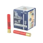 Fiocchi HV LD blue ammunition box with two red shotgun shells, angled front view