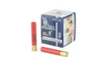 Fiocchi HV LD blue ammunition box with two red shotgun shells, angled front view